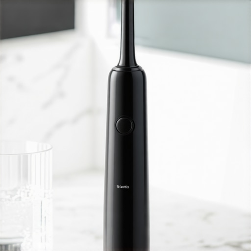 Water flosser and electric toothbrush on a marble counter for dental maintenance.