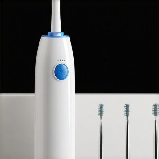 Essential Maintenance Tools for Dental Implants A water flosser and interproximal brushes on a bathroom counter for implant care.