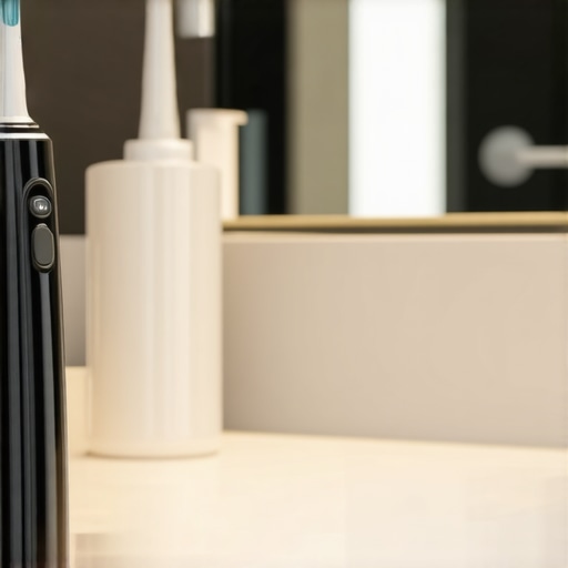 Essential Modern Oral Care Tools Professional-grade dental maintenance tools on a bathroom counter.