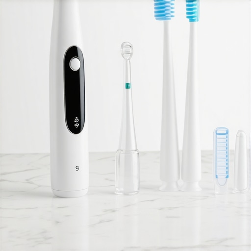 A collection of dental care tools including an electric toothbrush and night guard on a marble surface