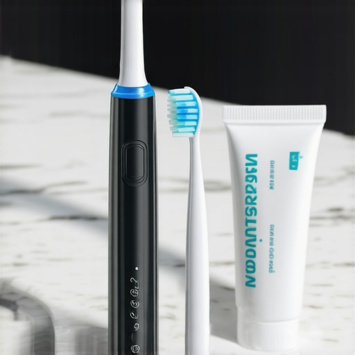 High-end dental maintenance tools including a water flosser and non-abrasive toothpaste on a bathroom counter