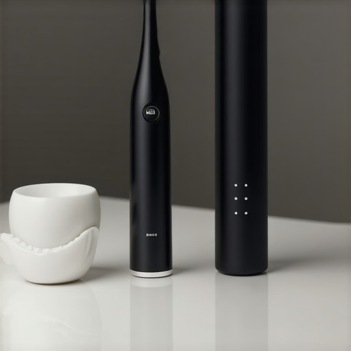 Modern dental hygiene tools including electric toothbrush and water flosser on a marble counter.