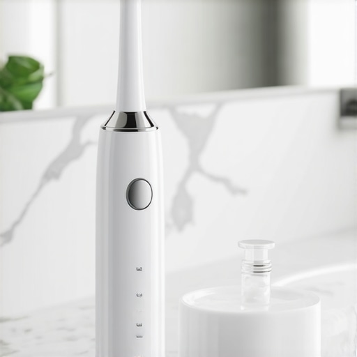 Essential Tools for Cosmetic Dental Maintenance High-end electric toothbrush and water flosser on a vanity.