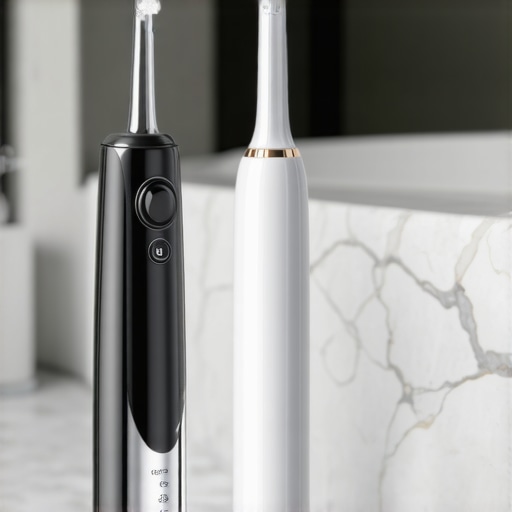 A water flosser and electric toothbrush on a bathroom counter representing long-term dental care.