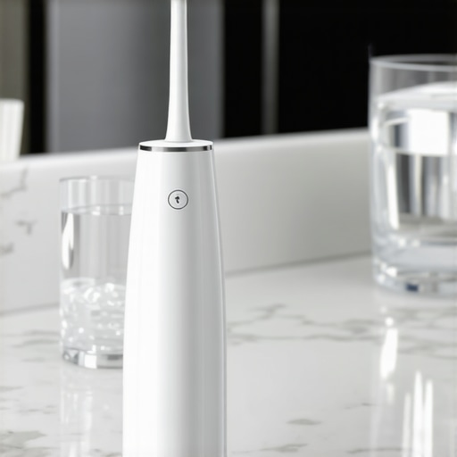 Essential Tools for Cosmetic Dental Maintenance A cordless water flosser and sonic toothbrush on a marble counter for dental implant care.