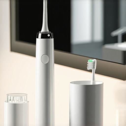 Essential Tools for Cosmetic Dentistry Maintenance High-end water flosser and night guard on a bathroom counter for dental maintenance.