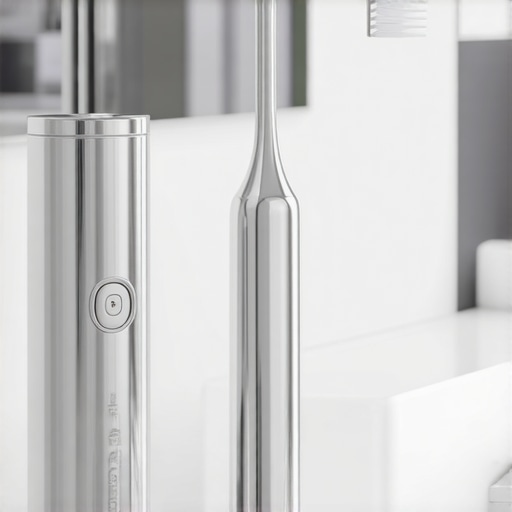 Modern water flosser and electric toothbrush on a bathroom counter.