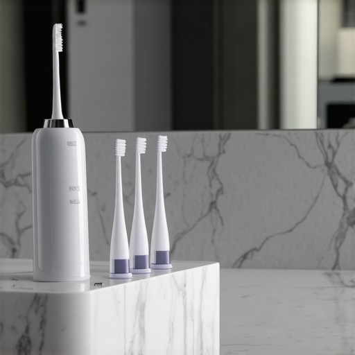 Essential Tools for Dental Implant Maintenance A water flosser and interdental brushes on a marble countertop for oral hygiene.