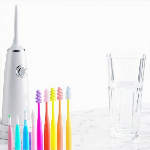 Professional dental cleaning tools for porcelain veneers and implants on a marble counter.