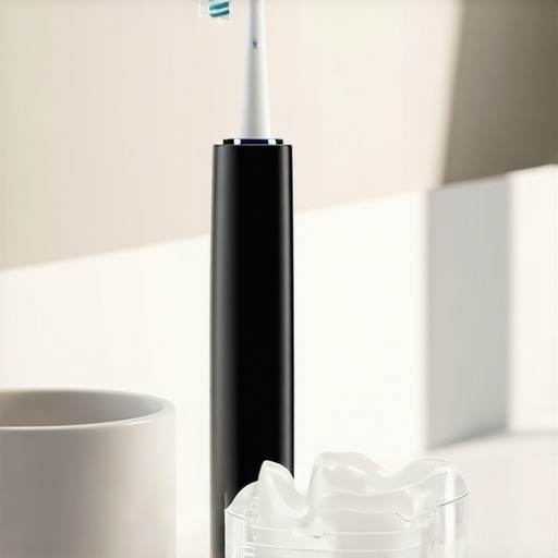 Essential Tools for Dental Implant and Veneer Maintenance A professional dental care kit including a water flosser and electric toothbrush on a bathroom counter.
