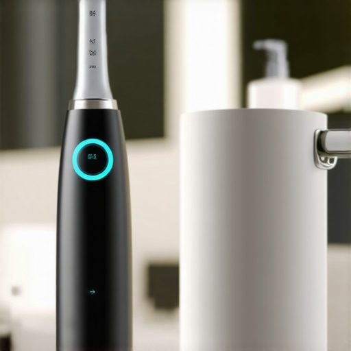 High-tech oral hygiene tools including an electric toothbrush and water flosser on a vanity.