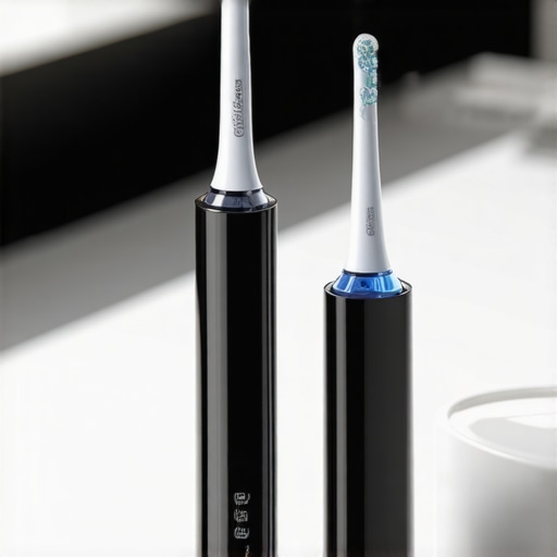 Essential Tools for Dental Maintenance A sonic toothbrush and water flosser on a marble bathroom counter