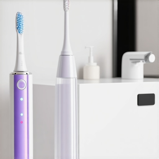 Professional dental maintenance tools including a sonic toothbrush and water flosser for veneers and implants.