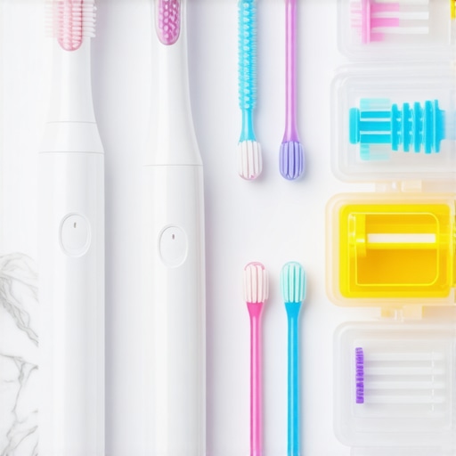 Close up of specialized dental floss and interdental brushes for cleaning under a permanent retainer.