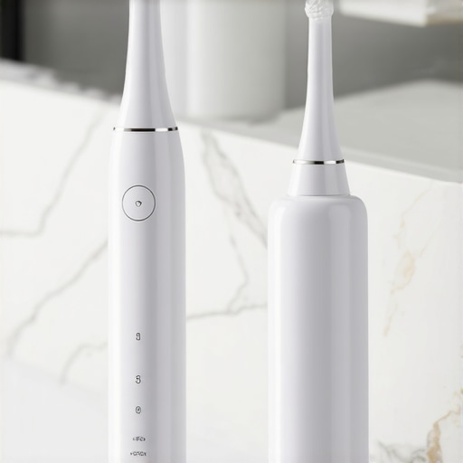 Electric toothbrush and water flosser on a marble bathroom counter.