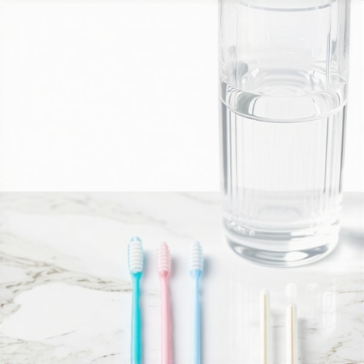 Essential Tools to Eliminate Metallic Taste Toothbrush, floss, and water glass on a clean counter used for oral hygiene.