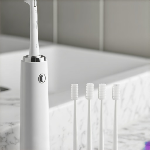 Essential tools for dental implant and veneer maintenance High-end dental maintenance tools including a water flosser and interdental brushes on a counter.