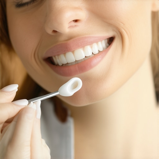 Dentist holding a porcelain veneer sample next to a patient's natural teeth to demonstrate shade matching for cosmetic dentistry.