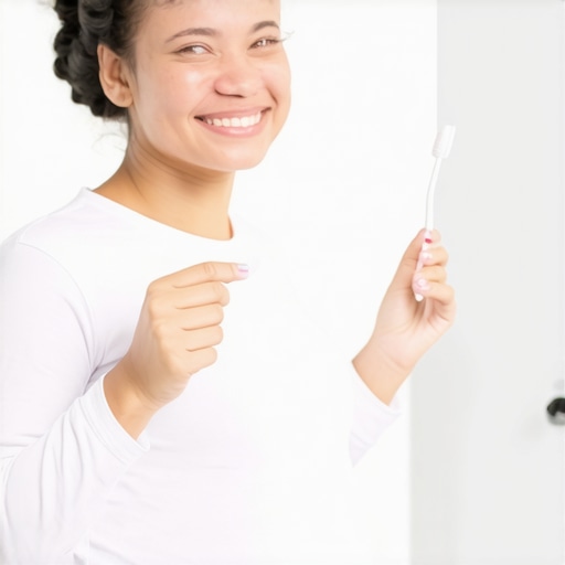 Gentle brushing during pregnancy A pregnant woman using a soft toothbrush to manage bleeding gums.
