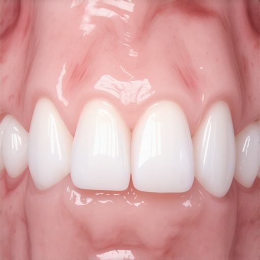Healing gums around a new dental crown Close-up of a new permanent crown and healing gum tissue