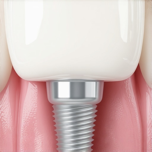 Healthy Dental Implant and Gum Tissue A close-up view of a high-quality dental implant showing healthy integration with the gum line.
