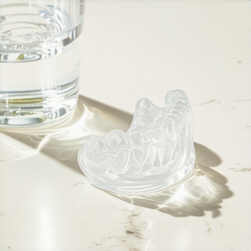 High-Quality Dental Nightguard for Veneer Protection A clear dental nightguard on a bathroom counter representing oral care maintenance.