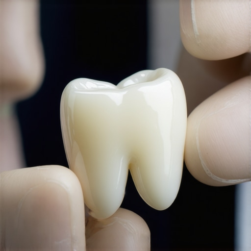 High-Quality Porcelain Veneer Comparison A close-up of a porcelain veneer being matched for translucency and texture against natural teeth.