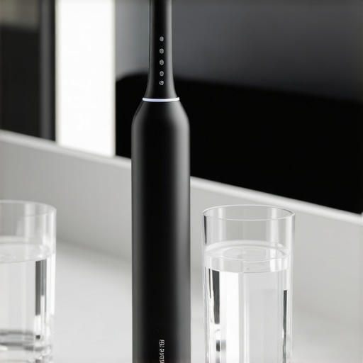 An electric toothbrush and water flosser on a bathroom counter representing modern dental maintenance.