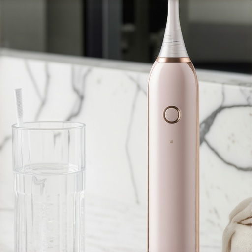 High-Tech Dental Maintenance Tools Sonic cleaner and water flosser on a bathroom counter for dental appliance care