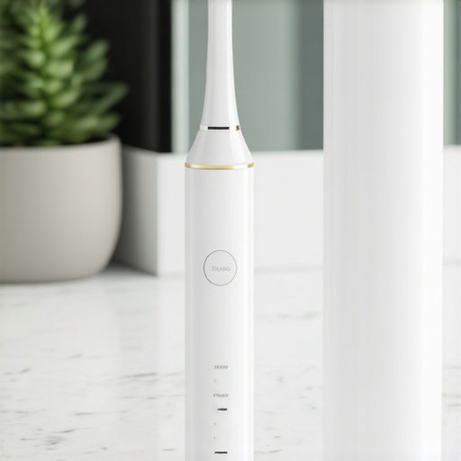 High-Tech Dental Maintenance Tools A sonic toothbrush and water flosser on a marble counter representing modern dental maintenance.