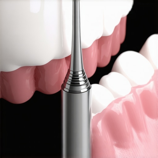 Close up of a water flosser cleaning dental implants and veneers for long-term maintenance.