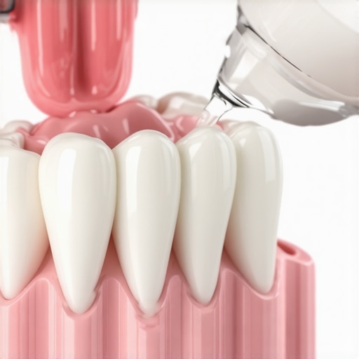 Close-up of water flosser cleaning a dental bridge at the gumline