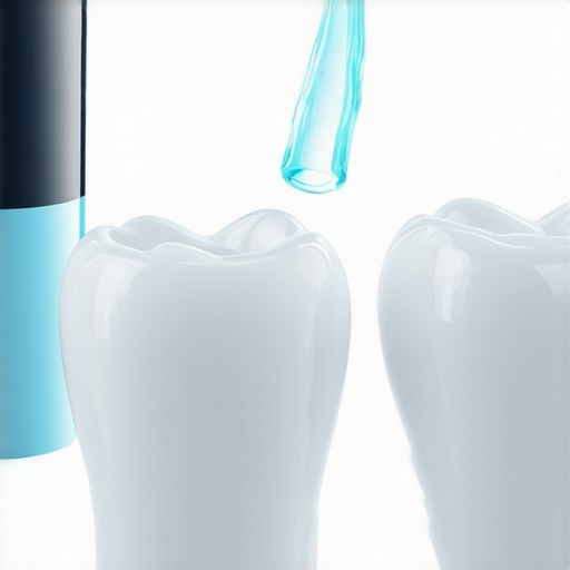 High-Tech Maintenance for Dental Implants A specialized water flosser tip cleaning the area around a dental implant crown to prevent plaque buildup.