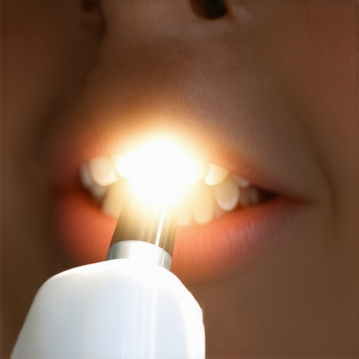 Parent checking a child's back molars with a flashlight for signs of a cavity.