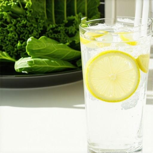 Hydration and healthy diet for fresh breath A glass of water and vegetables representing a healthy lifestyle to stop ammonia breath.