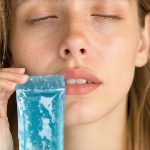 Ice pack relief for braces pain A person using a cold compress to soothe jaw pain after a braces adjustment.