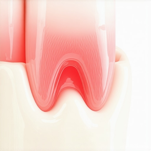 Close-up of a dental fistula bump on a gum model being inspected by a dentist.