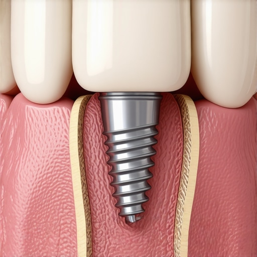 A detailed anatomical view of a dental implant showing how it sits within the bone and gum tissue.