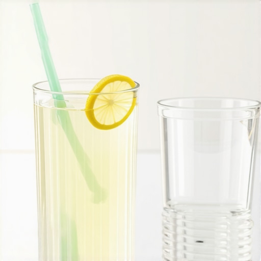 Lemon Water Dental Protection Setup Lemon water with a straw and a rinse glass to prevent enamel erosion.