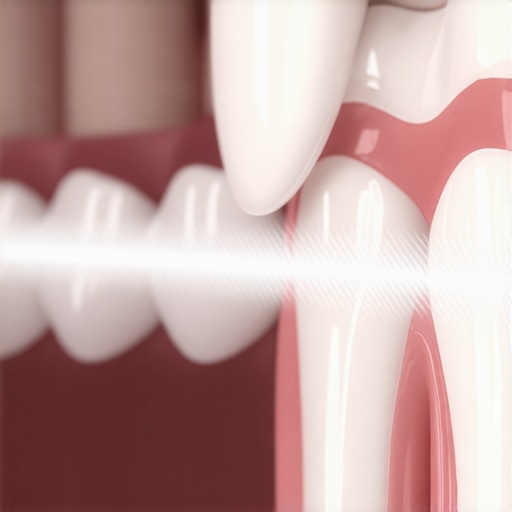 A water flosser being used to clean around a dental implant to prevent peri-implantitis.