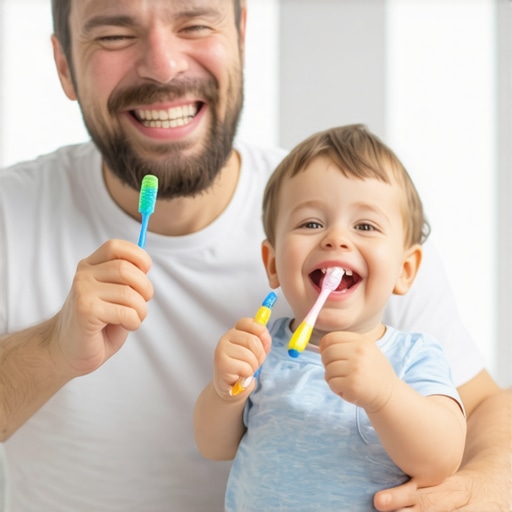 Making Toothbrushing Fun for Toddlers A father and toddler laughing together while brushing their teeth in a modern bathroom.