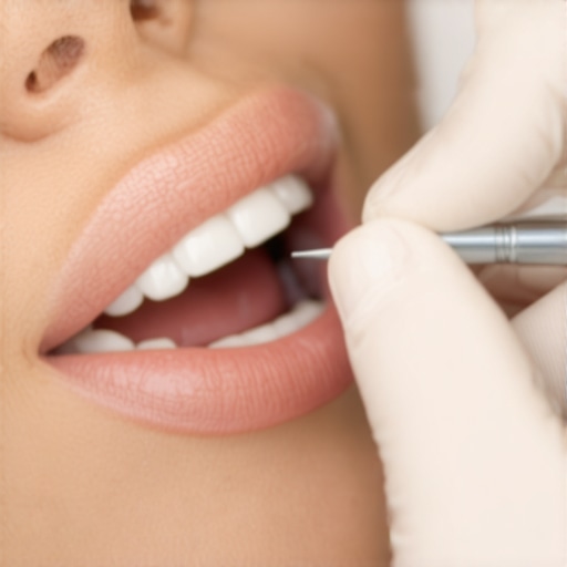 Dentist using a shade guide to match a porcelain crown to natural teeth