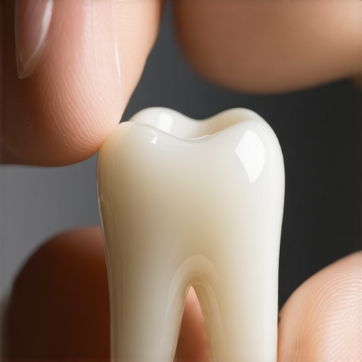 A dental professional comparing a porcelain veneer sample with a patient's natural tooth shade under professional lighting.