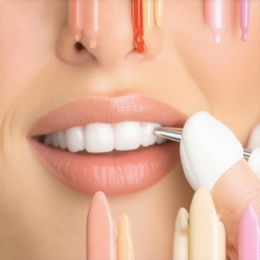 Matching dental shades for natural-looking veneers A dentist uses a shade guide to help a patient choose the correct color for porcelain veneers to ensure a natural blend.