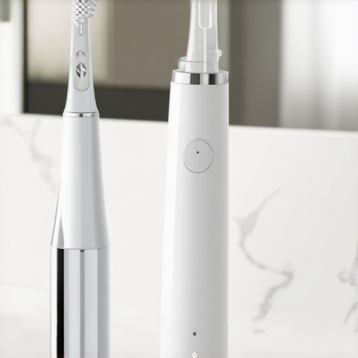 Modern Cosmetic Dental Maintenance Tools High-tech sonic toothbrush and water flosser on a bathroom counter