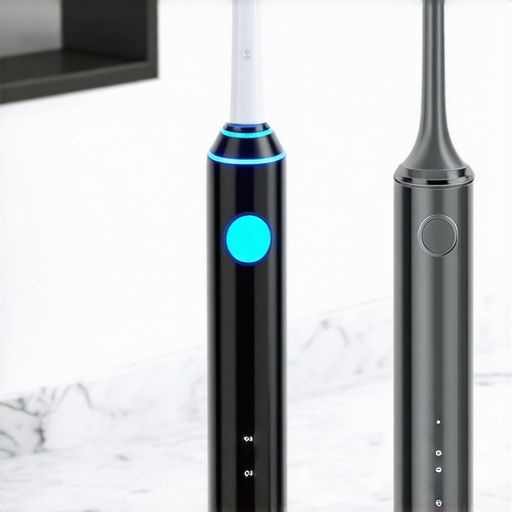 An electric toothbrush and water flosser on a bathroom counter representing high-tech dental maintenance.