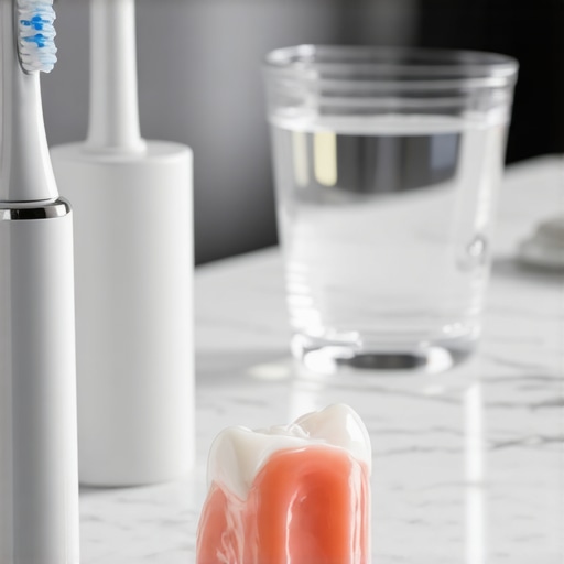 Modern Dental Maintenance Essentials A custom night guard and electric toothbrush on a bathroom counter representing long-term dental care.