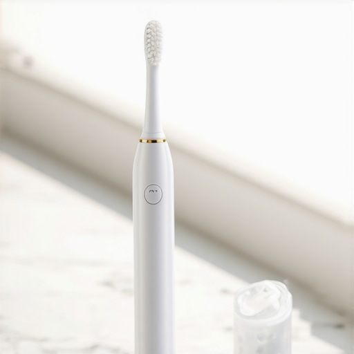 High-end sonic toothbrush and custom night guard on a marble vanity for cosmetic dental care.
