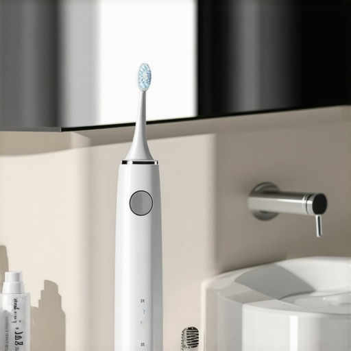 Modern Dental Maintenance Toolkit High-end water flosser and electric toothbrush on a bathroom counter for dental implant care.