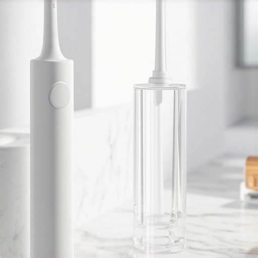 Modern Dental Maintenance Toolkit Electric toothbrush, water flosser, and custom night guard for veneer and implant maintenance.